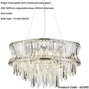 9 Light Hanging Ceiling Pendant & 2x Matching Wall Lights - Crystal Clear Glass Concave Dimmable Set