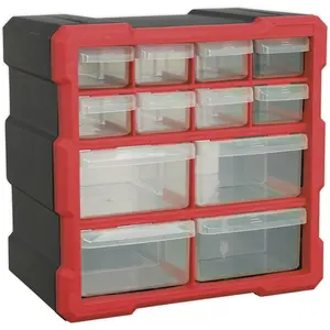 260 x 160 x 265mm 12 Drawer Parts Cabinet - RED - Wall Mounted / Standing Box