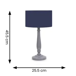 ValueLights Victoria Traditional Grey Wood Candlestick Table Lamp with Navy Blue Drum Shade - LED Bulb Included