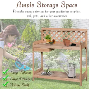 Outsunny Outdoor Wood Potting Table Garden Plant w/ Drawer, Hook, Slatted Shelf