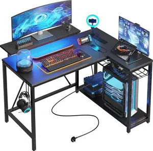 Bestier L Shaped Desk With Power Outlets & LED Lights Compact Corner Desk With Shelves Reversible Computer Desk With Hooks For Home Office Bedroom