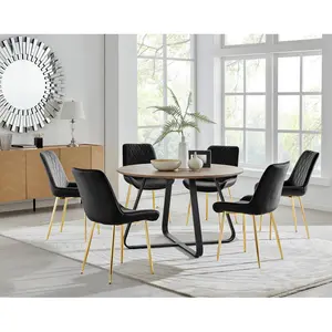 Sandy Classic Wood Effect & Metal Dining Table Set with 6 Luxury Velvet Dining Chairs Black/Gold