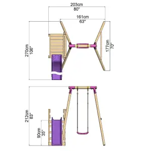 Rebo Wooden Swing Set with Deck and Slide plus Up and Over Climbing Wall - Quartz Pink