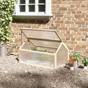 Outsunny Wooden Cold Frame Greenhouse Garden Polycarbonate Grow House, Natural