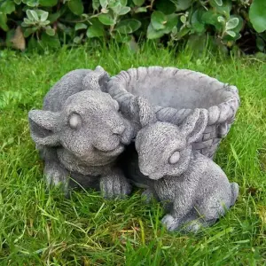 Stone Cast Pot with Rabbits for Flowers or Plants