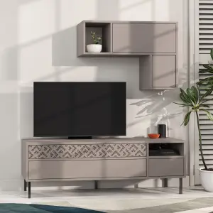 Decortie Heaton Modern TV Unit Mocha Grey with Storage and Wall Shelf 144.6cm