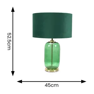 ValueLights Leigh Forest Green Glass and Gold Detail Table Lamp with Velvet Drum Shade