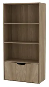 URBNLIVING Height 118Cm 4 Tier Wooden Bookcase Cupboard with Doors Storage Shelving Display Colour Oak Door Oak Cabinet Unit