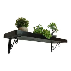 Solid Wood Handmade Rustical Shelf Black Ash 225mm 9 inch with Black Metal Bracket WOZ Length of 220cm