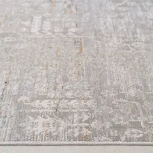 Grey Gold Metallic Floral Motif Distressed Living Area Rug 80x150cm