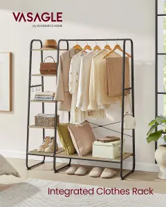 VASAGLE Clothes Rail, Clothes Rack with Shoe Shelf, 5-Tier Storage Rack, 6 Side Hooks, Turquoise Brown and Matte Black