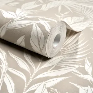 Grandeco Glistening Lucia Tropical Foliage Blown Vinyl Wallpaper, Beige