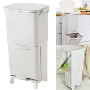 White 3 Section Sorter Kitchen Bin Recycling Rubbish Bin Double Layer Pedal Bin Trash Can 38 L