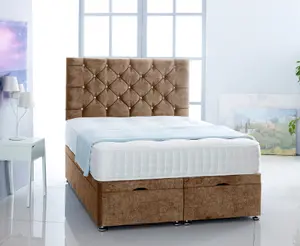 Beige Naples Velvet Foot Lift Ottoman Bed With Memory Spring Mattress And Headboard 2FT6 Small Single