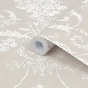 Laura Ashley Josette White & dove grey Damask Smooth Wallpaper