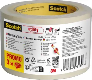 Scotch Utility Masking Tape, 30 mm x 50m,  3 ROLL PROMO PACK