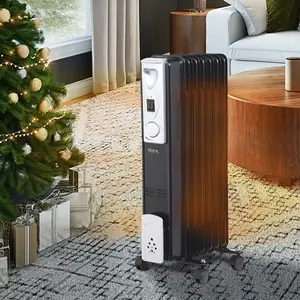 1500W 7 Fin Portable Oil Filled Radiator Heater Electrical Caravan Office Home Black