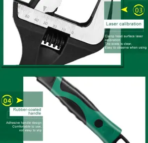 Wide opening adjustable wrench, 250mm long soft grip