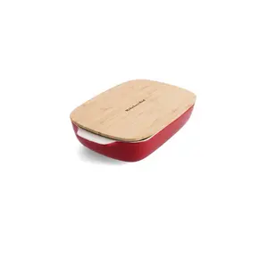 KitchenAid Stoneware Rectangular Dish with Bamboo Lid Empire Red / 32cm