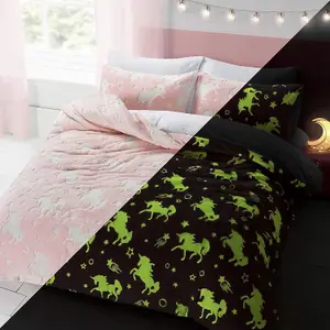 Unicorn Glow In The Dark Pink Kids Boys Girls Grey Reverse Soft Feel Fleece Duvet Cover Quilt Bedding Set with Pillowcases