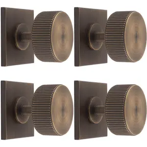 4 PACK - Reeded Radio Cabinet Door Knob & Matching Backplate - Antique Brass 40 x 40mm