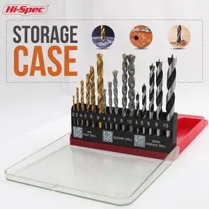 Hi-Spec 16pc Compact Multi Steel Drill Bit With Box Case Set. HSS Titanium Coated, Brad Points & Masonry Mixed Drill Bits