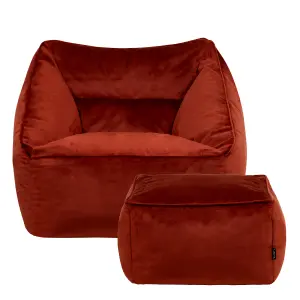 icon Natalia Velvet Armchair Bean Bag and Footstool Set Terracotta Orange Giant Bean Bag Chair