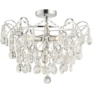 Decorative Flush Bathroom Ceiling 4 Light Fitting - Clear Glass Faceted Crystals