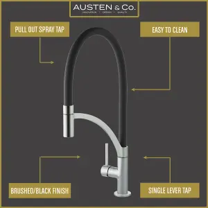 Austen & Co. Madrid Brushed Chrome With Black Pullout Spray Hose Kitchen Mixer Tap. Single Lever Handle & 360 Degree Spout