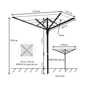 JVL 4 Arm Powder Coated Steel Rotary Airer, 40 Metres, Grey