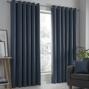 Polyester Room Darkening Grommet / Eyelet Curtain Pair Navy / Width 117 x Drop 137 cm