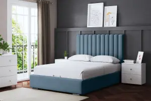 Evangeline Blue Upholstered Panel Bed with Headboard and Ottoman Storage King