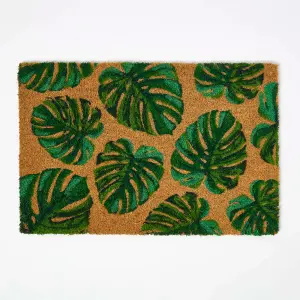 Homescapes Coir Doormat Green Tropical Leaves, 40 x 60 cm