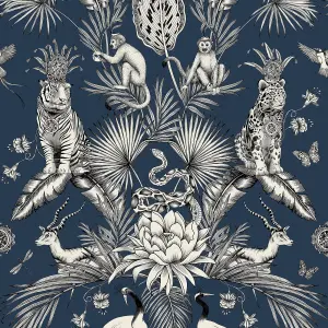 Belgravia Décor Menagerie Tiger Navy Smooth Wallpaper