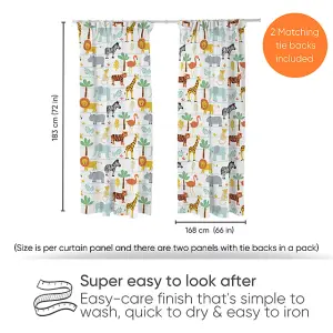 Bloomsbury Mill -  Jungle Animal Curtains for Kids Bedroom - Lined Curtain Pair  with Tie Backs 66 x 72 inch or 168cm x 183cm