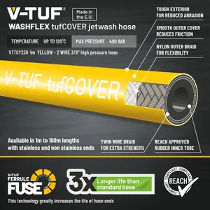 V-TUF 20m 2 WIRE, TOUGH COVER 3/8" 400BAR 155C  V-TUF YELLOW JETWASH HOSE with DURAKLIX HEAVY DUTY MSQ COUPLINGS