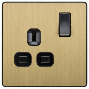 British General Brass effect Single 13A Gold Switched socket & Black inserts