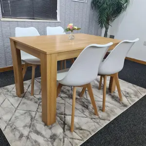 Dining Table and 4 Chairs Oak Effect Wood 4 White Plastic Leather Chairs Dining Room