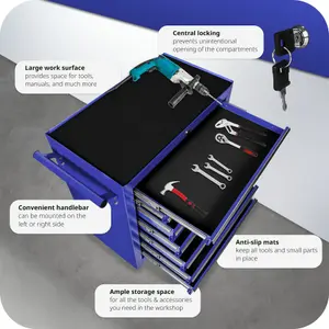 Tool Box - with wheels, 7 drawers, central locking system - blue