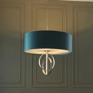 Luminosa Trento 5 Light Ceiling Pendant Antique Silver Leaf & Teal Satin Fabric