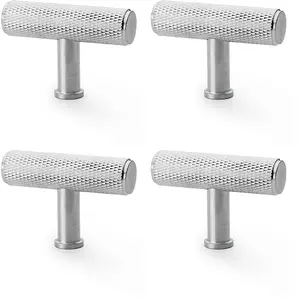 4 PACK - Knurled T Bar Cupboard Door Knob - 55mm x 38mm - Satin Chrome Unit Pull Handle