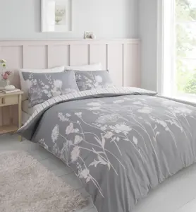 Catherine Lansfield Bedding Meadowsweet Floral Duvet Cover Set with Pillowcase Pink Grey