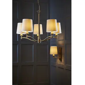 Luminosa Ortona 5 Light Multi Arm Pendant Matt Antique Brass, Vintage White Faux Silk, E14