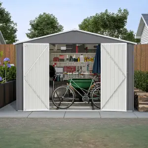 Birchtree 10X12FT Metal Garden Shed Apex Roof With Free Foundation Base Storage House Grey