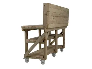 Indoor/outdoor workbench pressure treated station (H-90cm, D-64cm, L-270cm) with back panel, double shelf and wheels