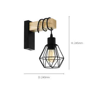 EGLO Townshend 5 Black/Natural Wood Wall Light - Vintage Industrial Style 44078 (D) 24cm