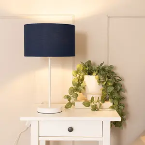 ValueLights Charles White Single Stem Table Lamp with Navy Blue Drum Lamp Shade and LED Bulb