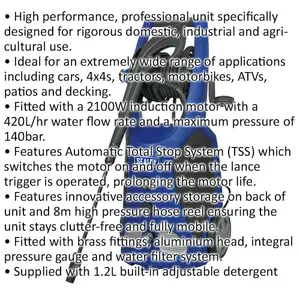 Premium Pressure Washer with Total Stop System & Rotary Jet Nozzle - 8m Hose