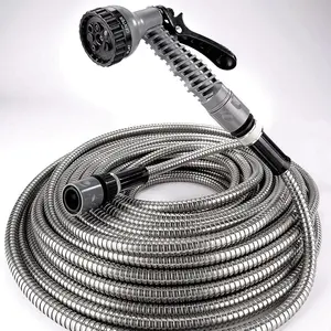 25ft Stainless Steel Hose with 7 Function Spray Nozzle - Flexible Kink Free Rustproof Puncture Resistant Outdoor Garden Hosepipe