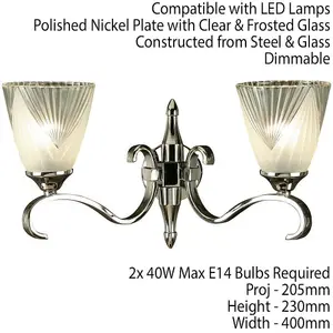 Luxury Traditional Twin Wall Light Bright Nickel Art Deco Glass Shade Dimmable